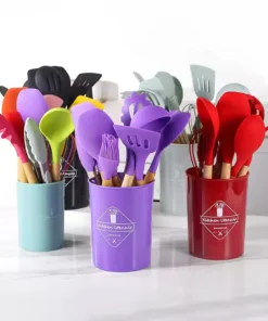 12pcs, Non-Stick Silicone Kitchen Utensil Set with Wooden Handles